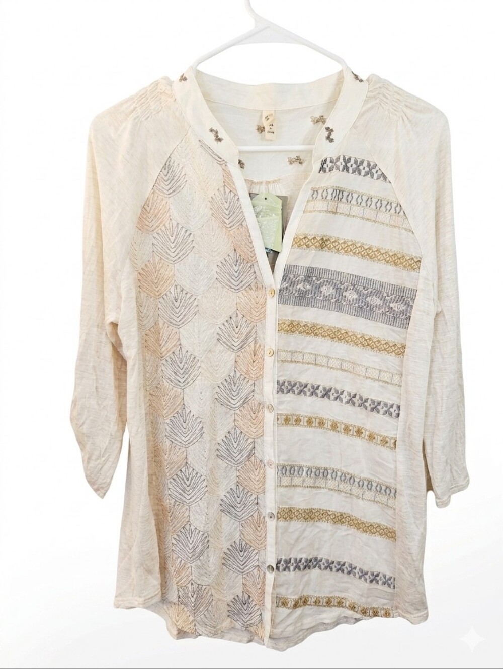 Anthropologie Neutral Embroidered Peasant Blouse in White and Taupe